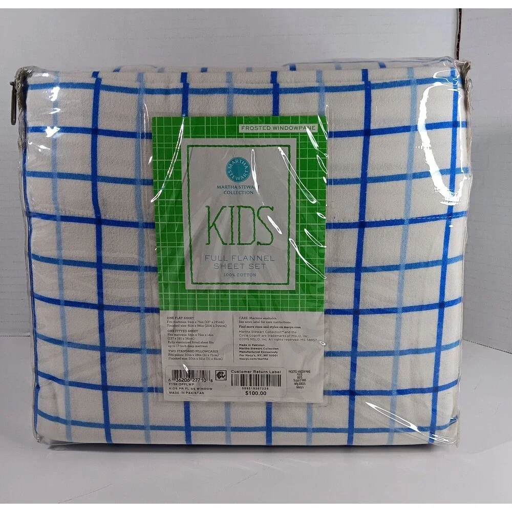 Martha Stewart Collection Flannel Full Sheet Set Kids Frosted Windowpane Cotton
